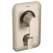 Brushed nickel shower valve trim with dual handles and transfer valve, Moen brand visible on rectangular faceplate.