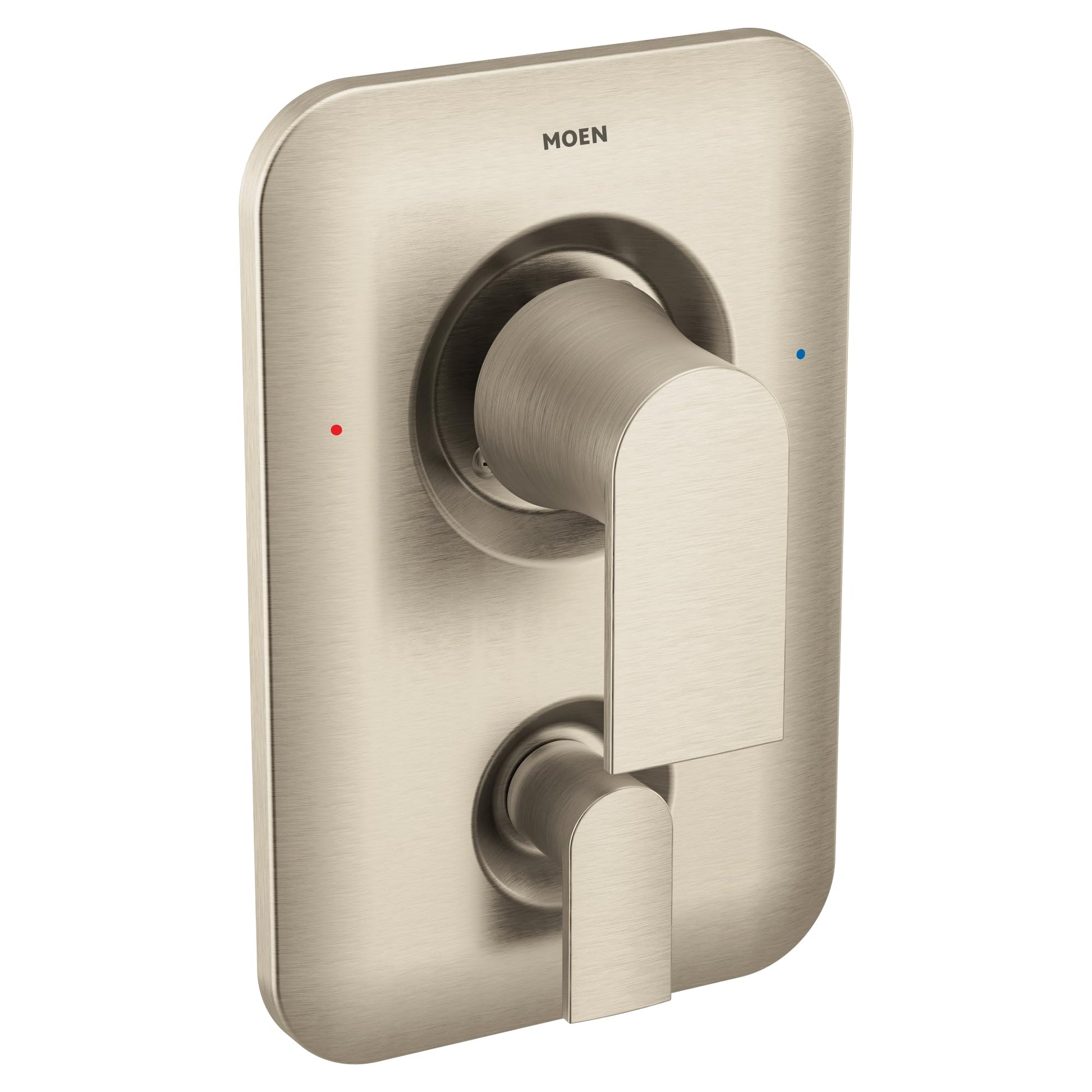 Brushed nickel shower valve trim with dual handles and transfer valve, Moen brand visible on rectangular faceplate.