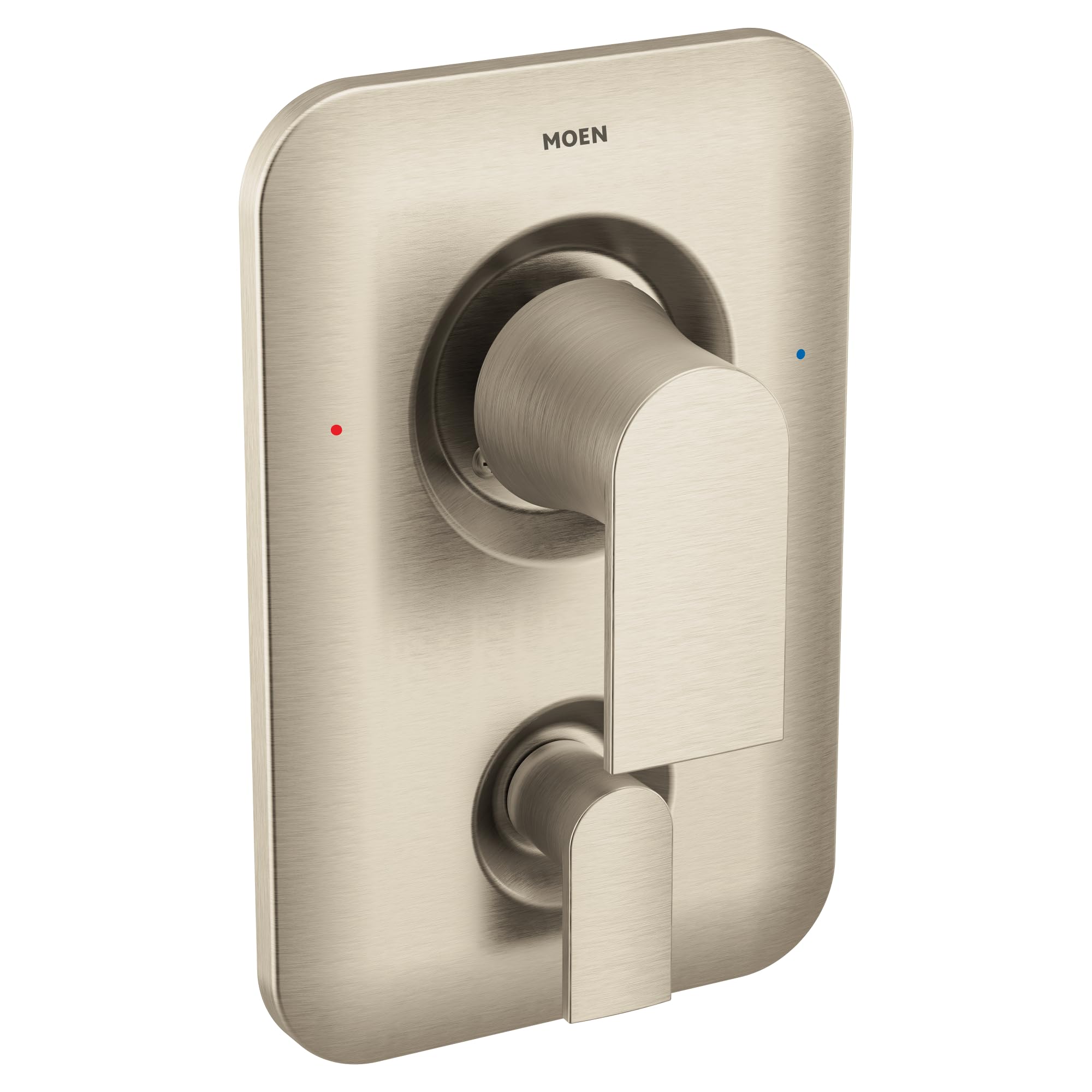 Brushed nickel shower valve trim with dual handles and transfer valve, Moen brand visible on rectangular faceplate.