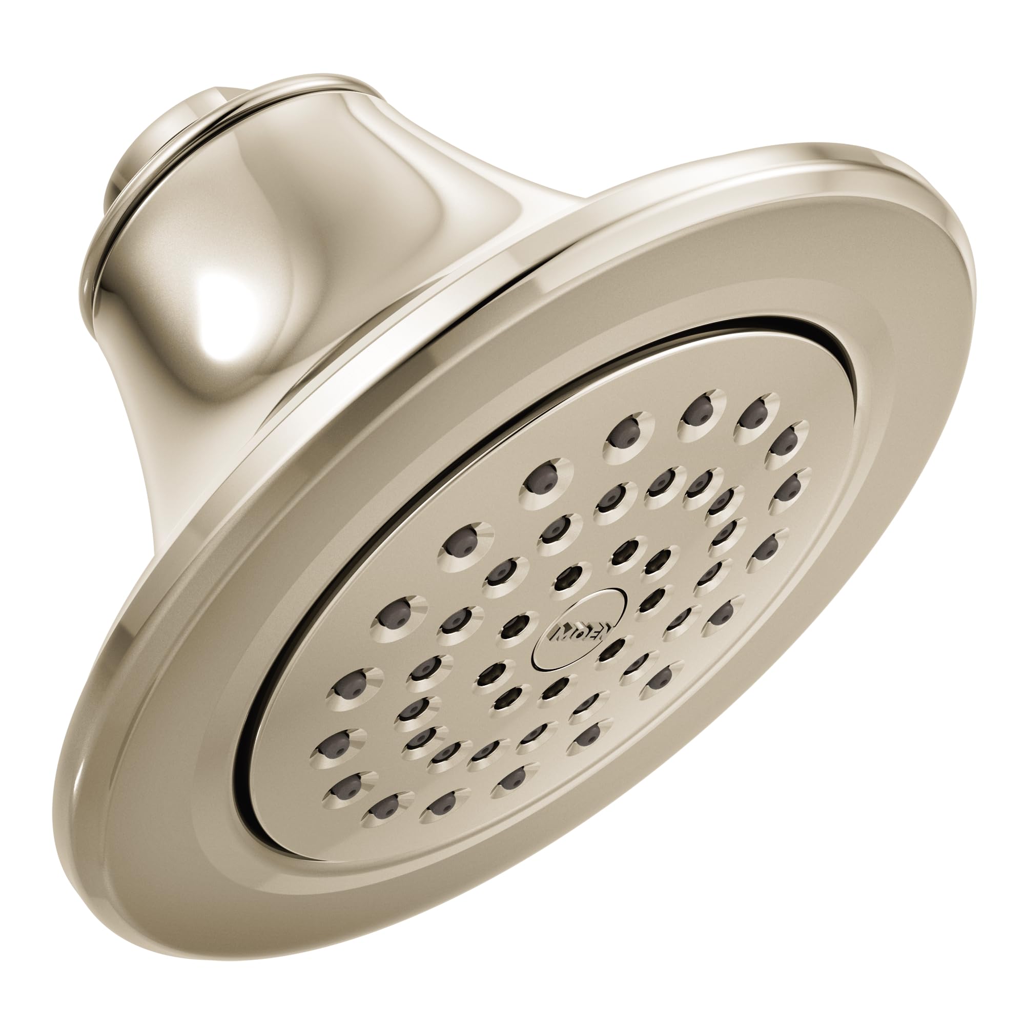 Polished nickel showerhead with rounded face plate and multiple spray jets, mounted on curved arm.