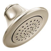 Polished nickel showerhead with round face, multiple spray holes, and curved arm connector.