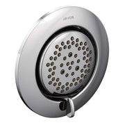Chrome round body spray with multiple jets and control lever mounted on wall.