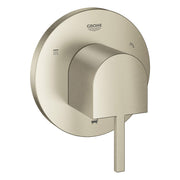 Grohe brushed nickel 3-way diverter trim with circular backplate, curved lever handle, and small spray pattern icons.