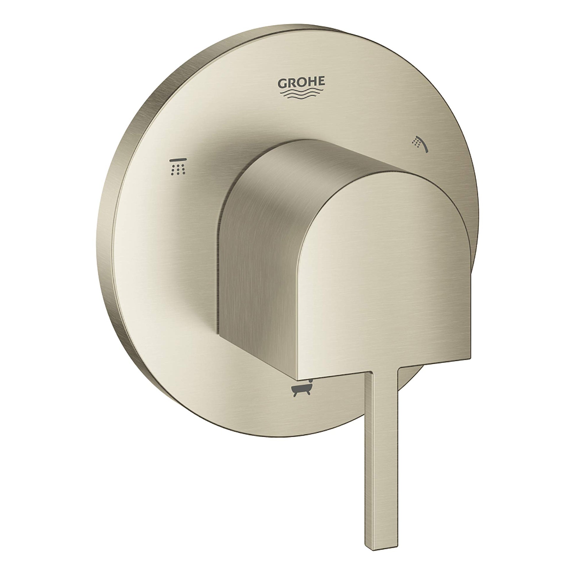 Grohe brushed nickel 3-way diverter trim with circular backplate, curved lever handle, and small spray pattern icons.