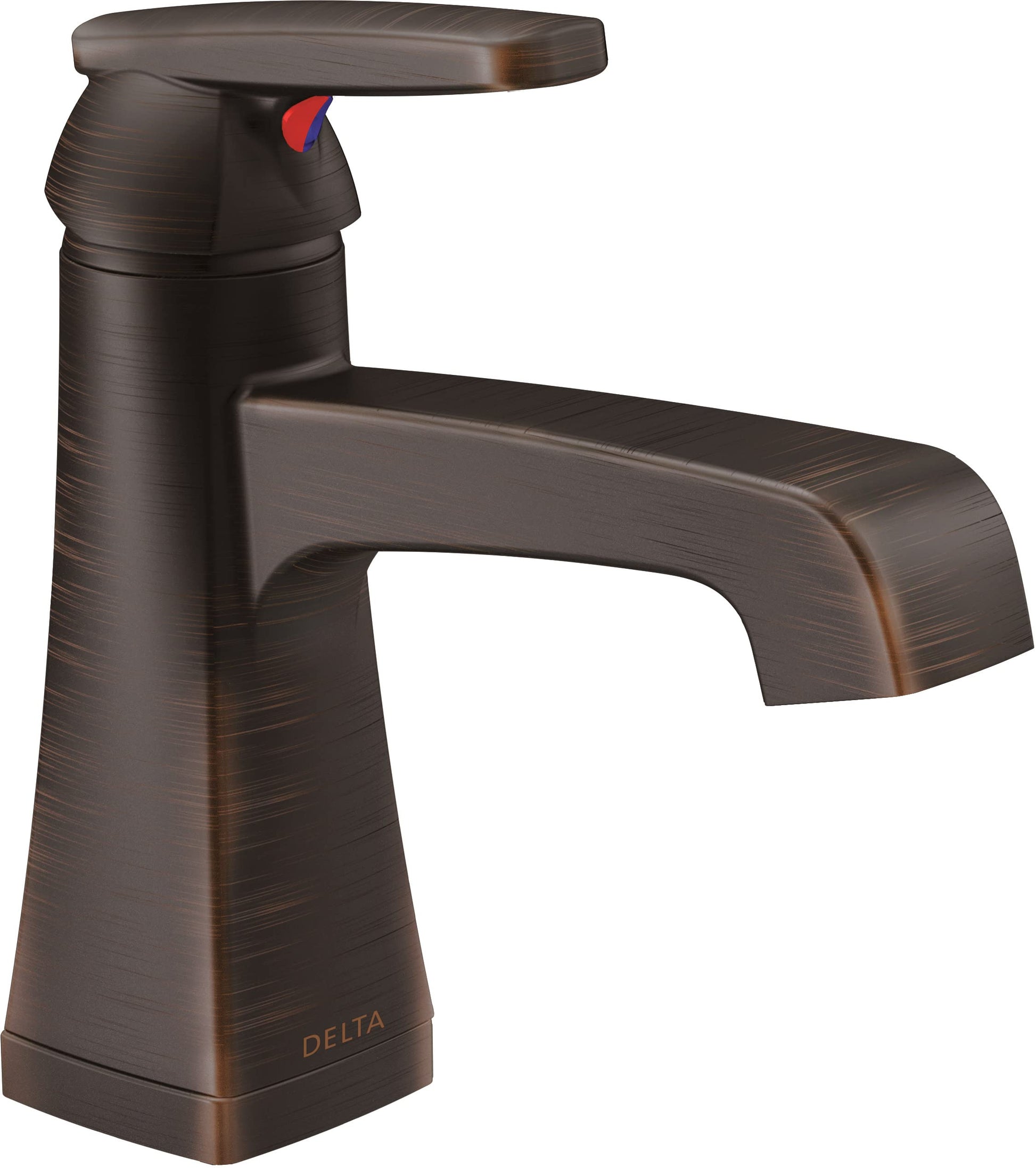Bronze single-handle bathroom faucet with curved spout and red control lever.