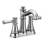 Chrome two-handle centerset bathroom faucet with curved spout and tapered cone-shaped handles on rectangular base.