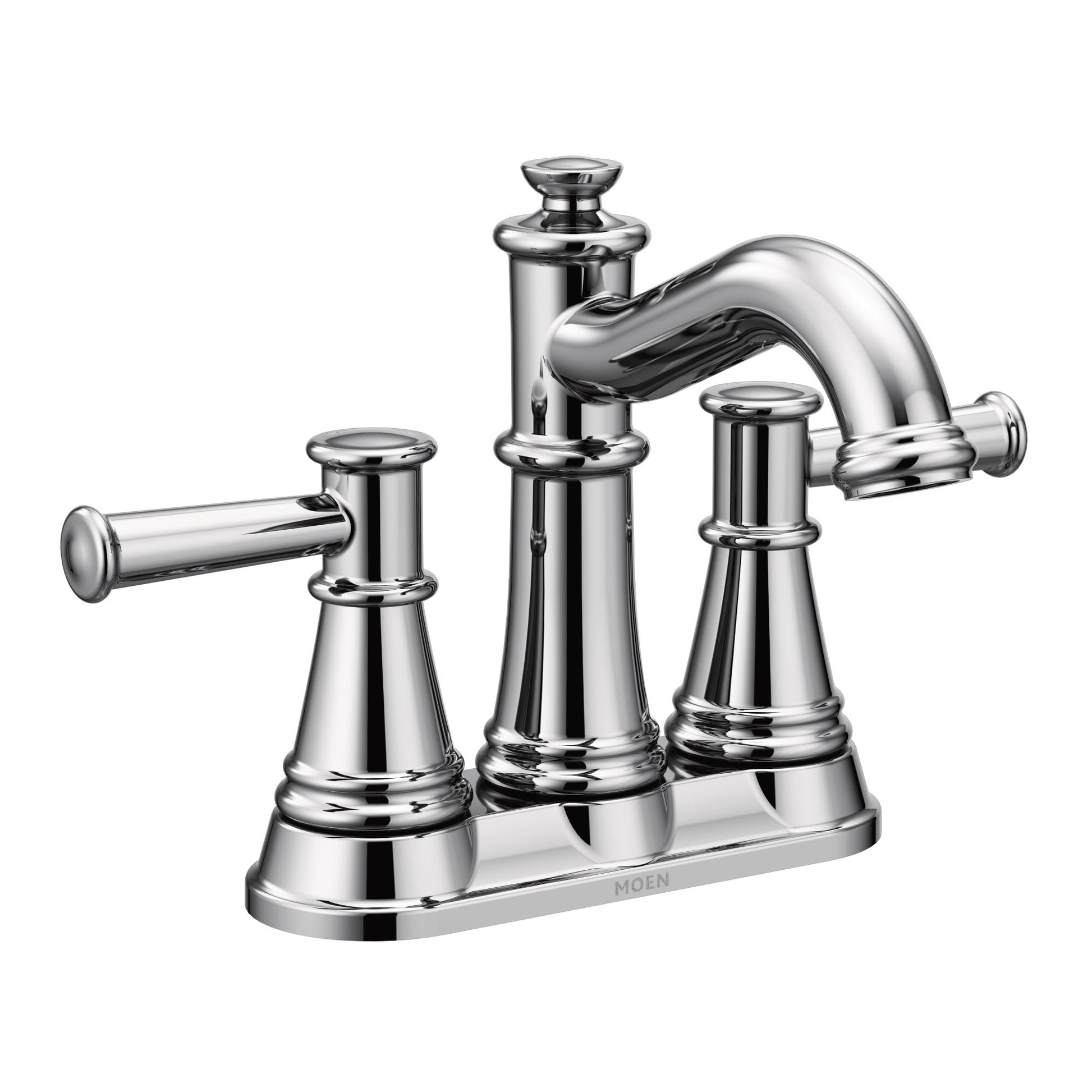 Chrome two-handle centerset bathroom faucet with curved spout and tapered cone-shaped handles on rectangular base.