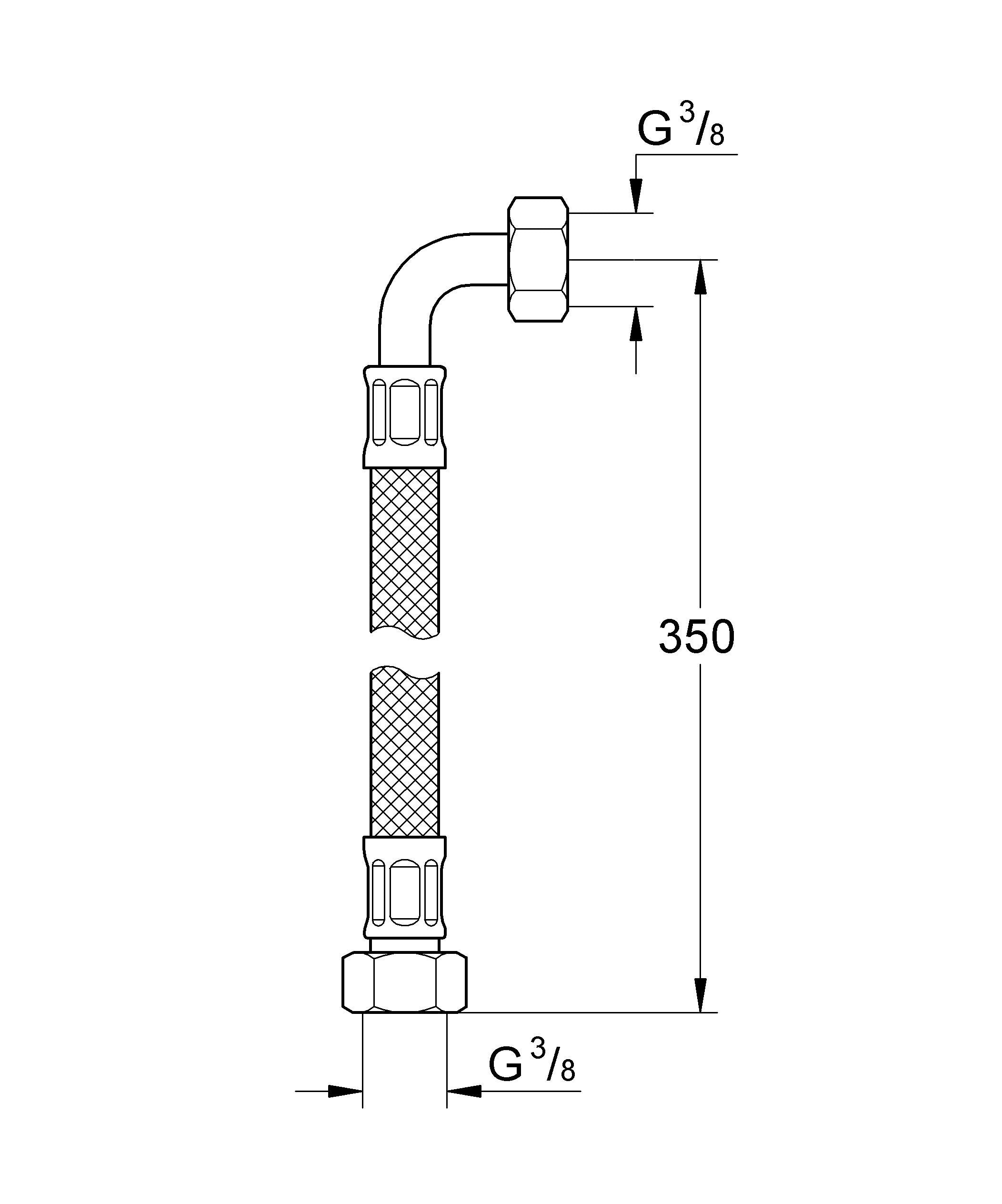 Chrome flexible connection hose with G 3/8 connectors at both ends, 350mm length, with mesh reinforcement.