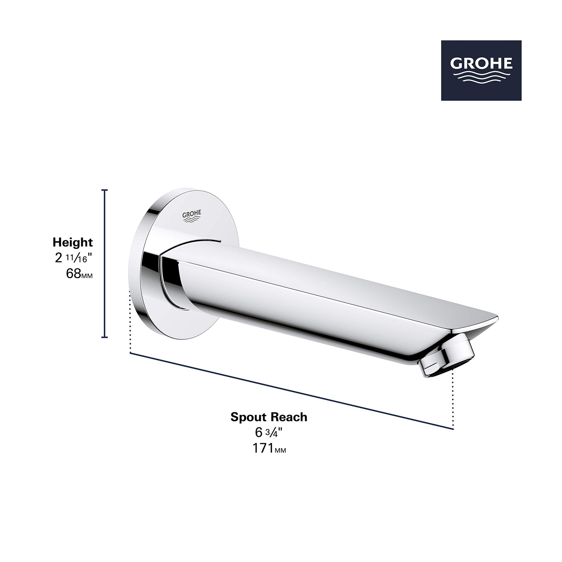 Chrome wall-mounted tub spout with curved rectangular outlet and circular flange, dimensions shown.