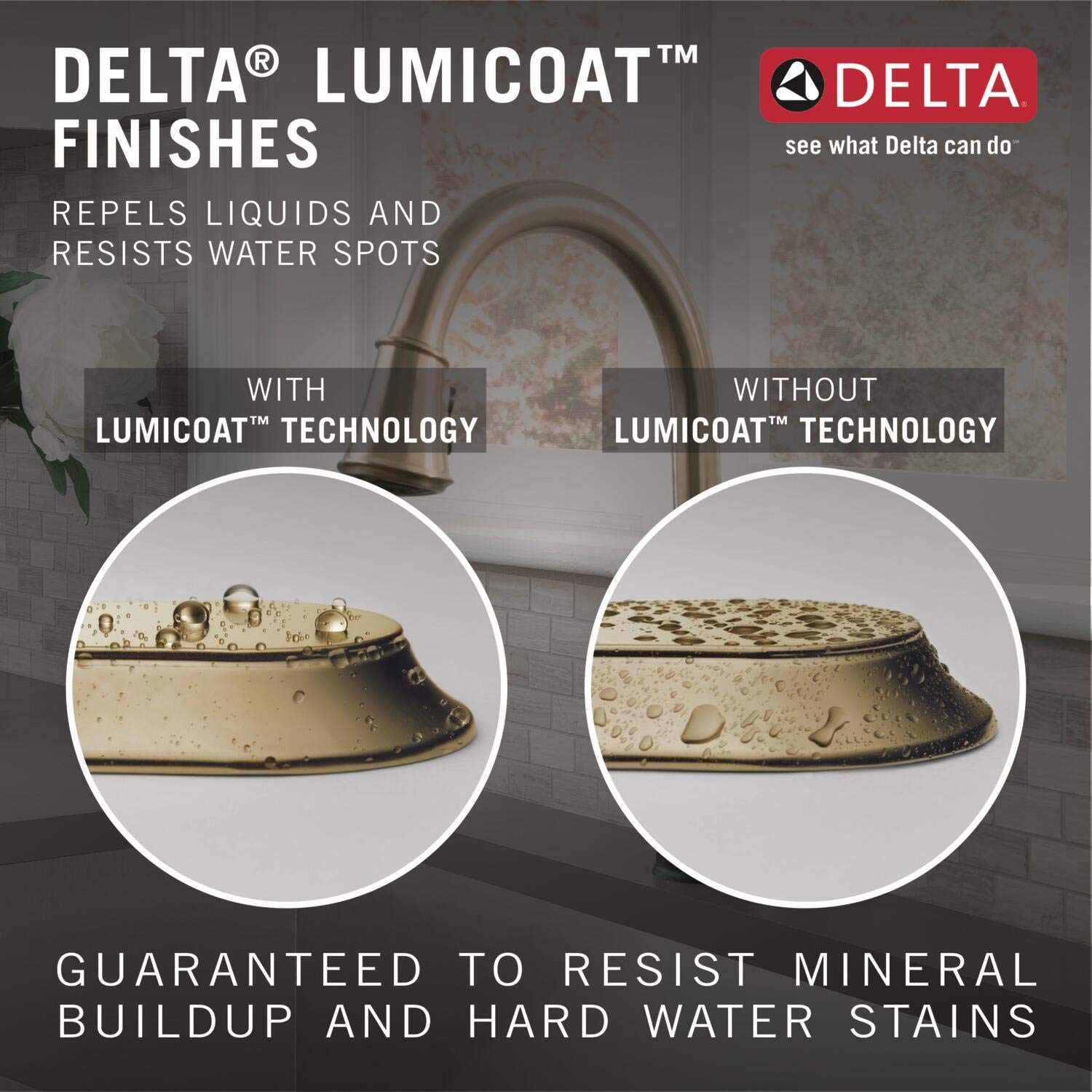 Delta Stryke soap and lotion dispenser with champagne bronze finish shown with water beading comparison.