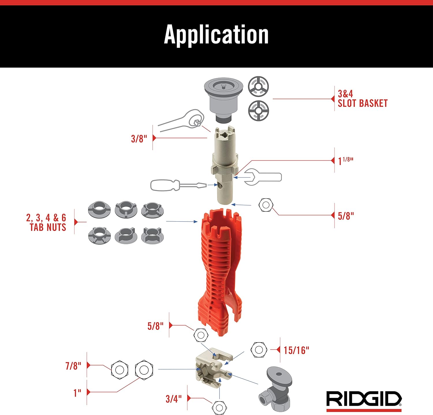 Red RIDGID faucet installation tool with interchangeable nuts, baskets, and adapters labeled by size for various faucet types