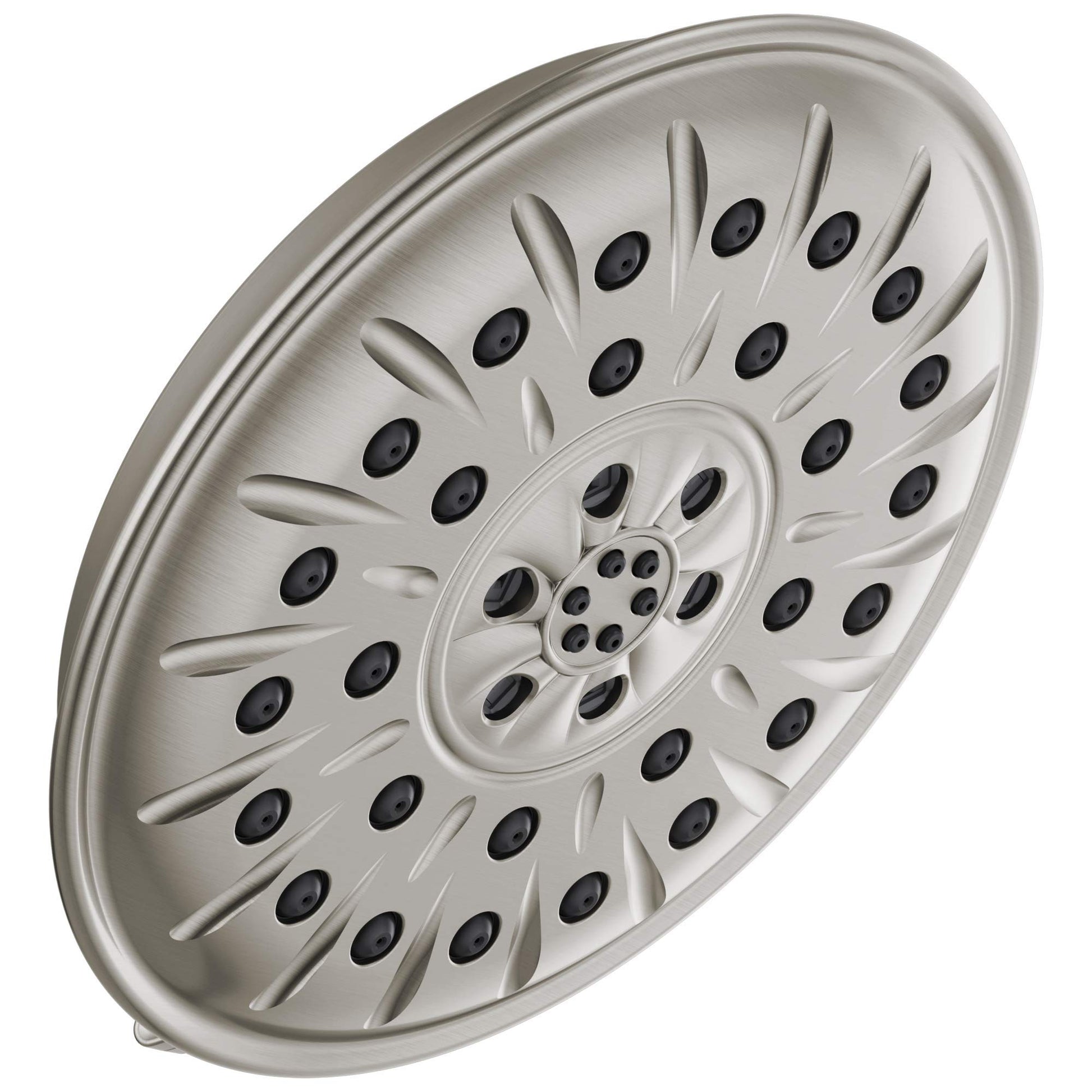 Brushed nickel circular shower head with multiple spray jets arranged in concentric rings and vertical ridges.