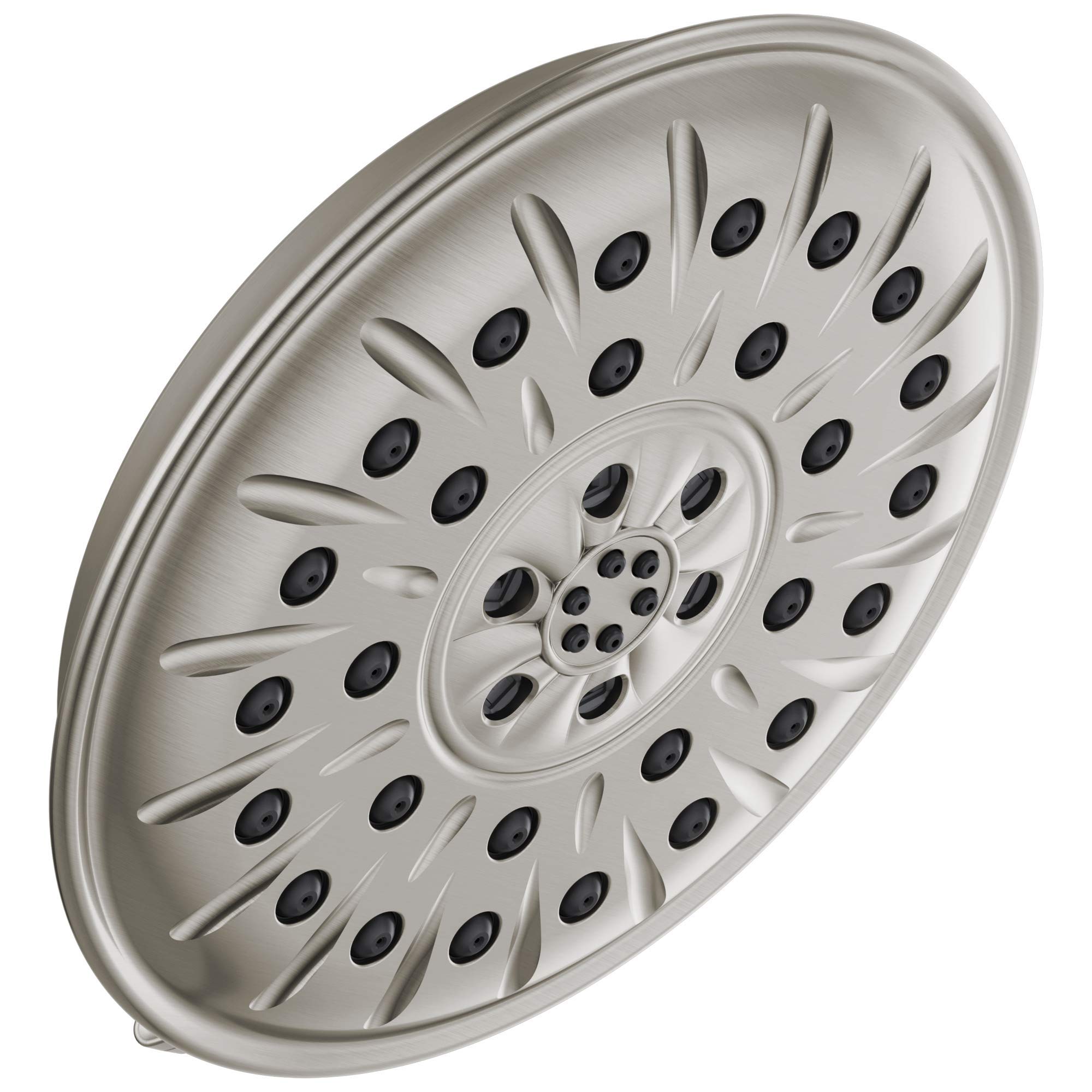 Brushed nickel circular shower head with multiple spray jets arranged in concentric rings and vertical ridges.