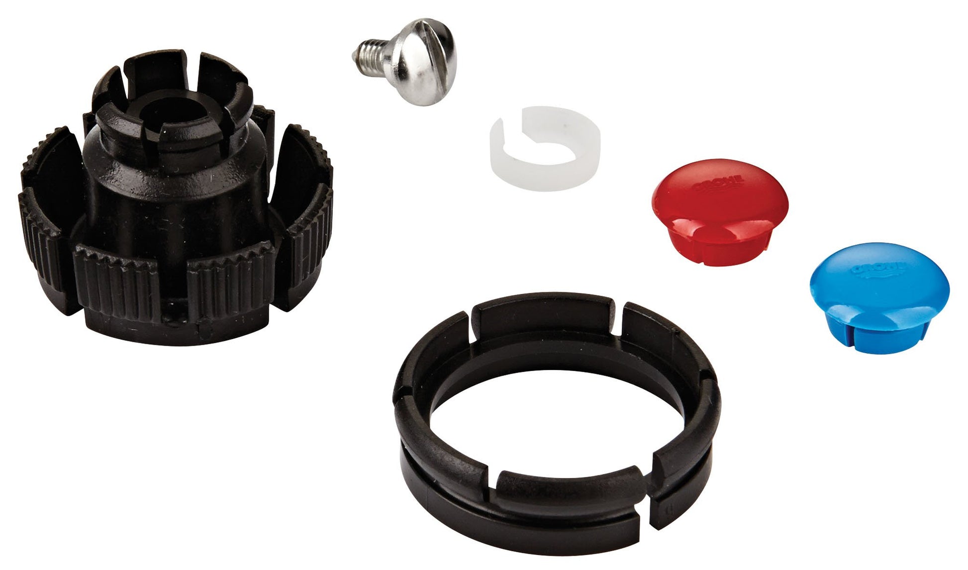 Grohe faucet repair kit with black plastic components, chrome screw, white collar, and red and blue caps.