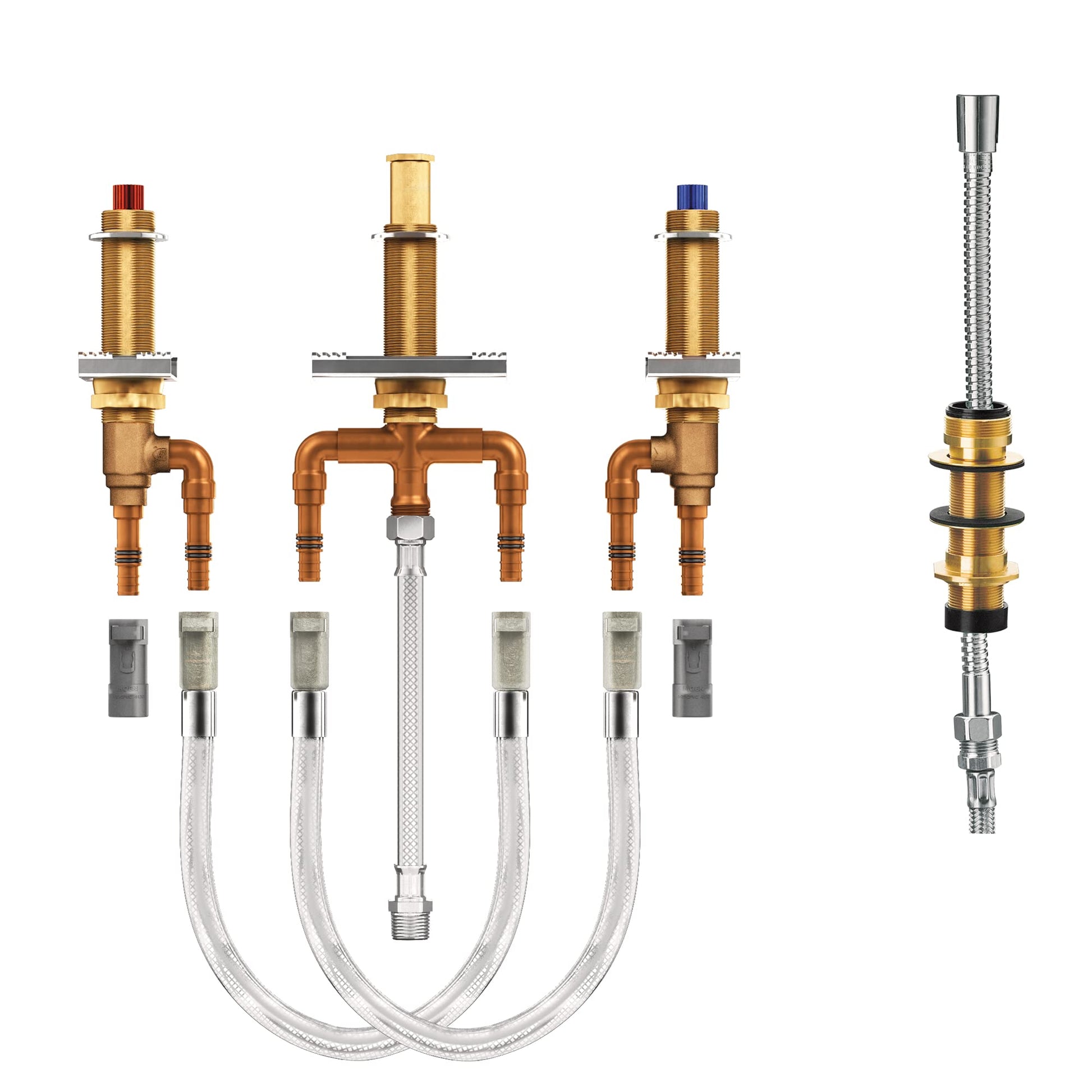 Two-handle brass valve assembly with cartridges, flexible PEX supply lines, and chrome shower diverter component.