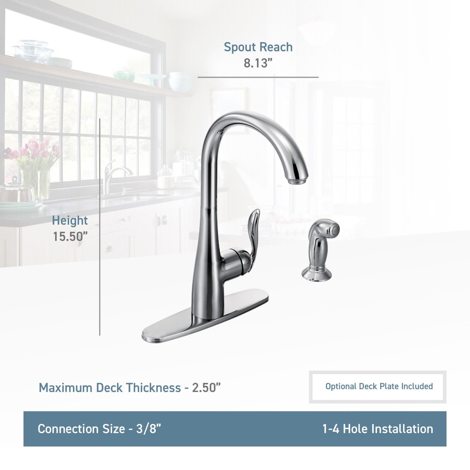 Stainless steel kitchen faucet with high arc spout, single handle, and detachable side spray shown with specifications.