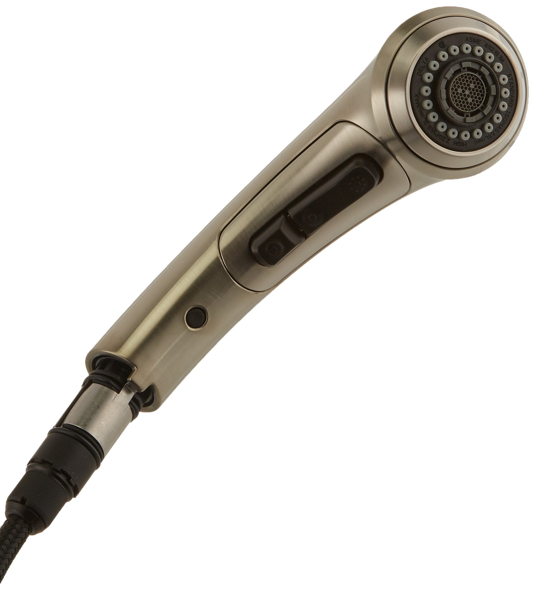Stainless steel pull-out wand assembly with multi-spray showerhead and control buttons on handle.