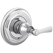 Chrome pressure balance valve trim with circular escutcheon plate and single lever handle, red indicator dot visible on facep