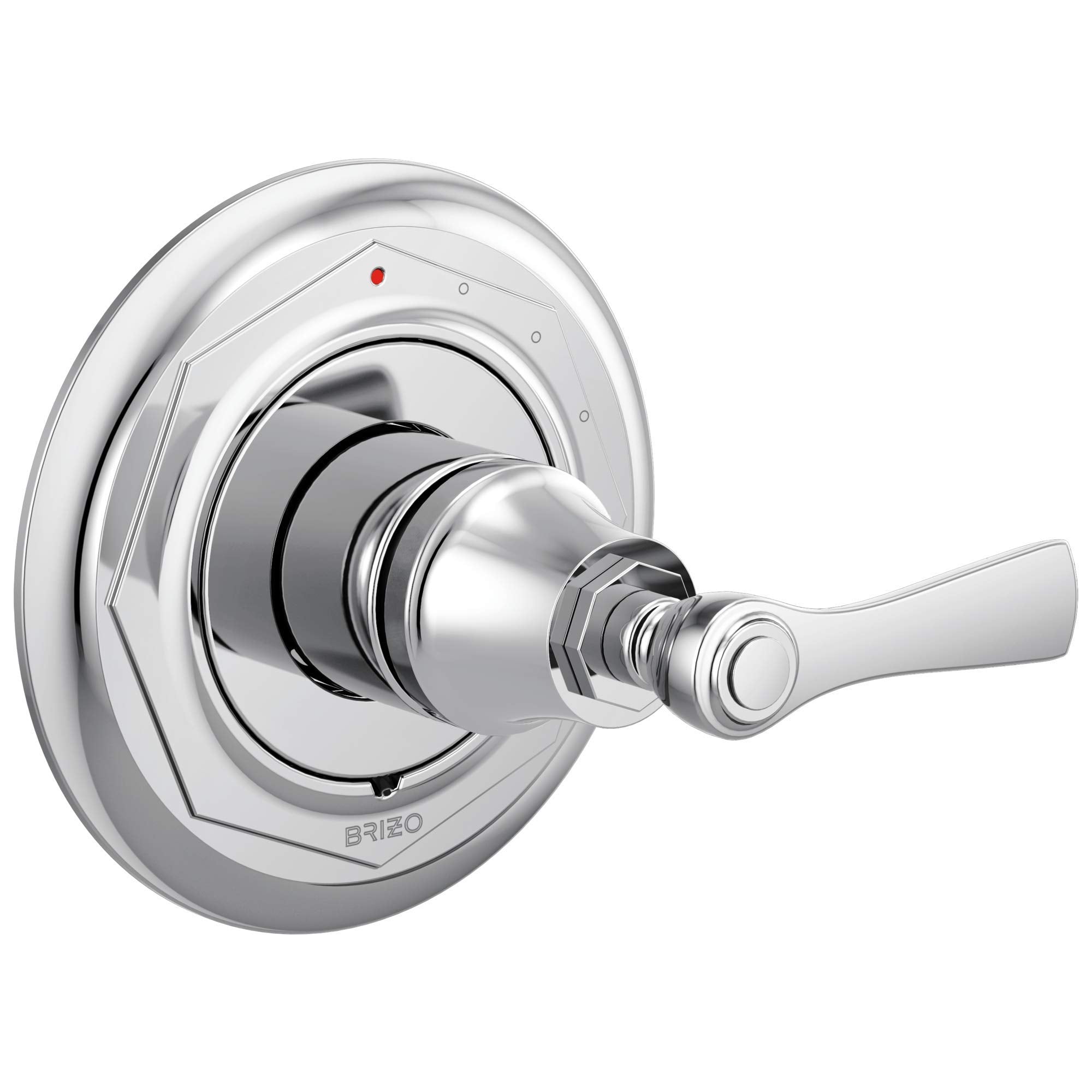 Chrome pressure balance valve trim with circular escutcheon plate and single lever handle, red indicator dot visible on facep