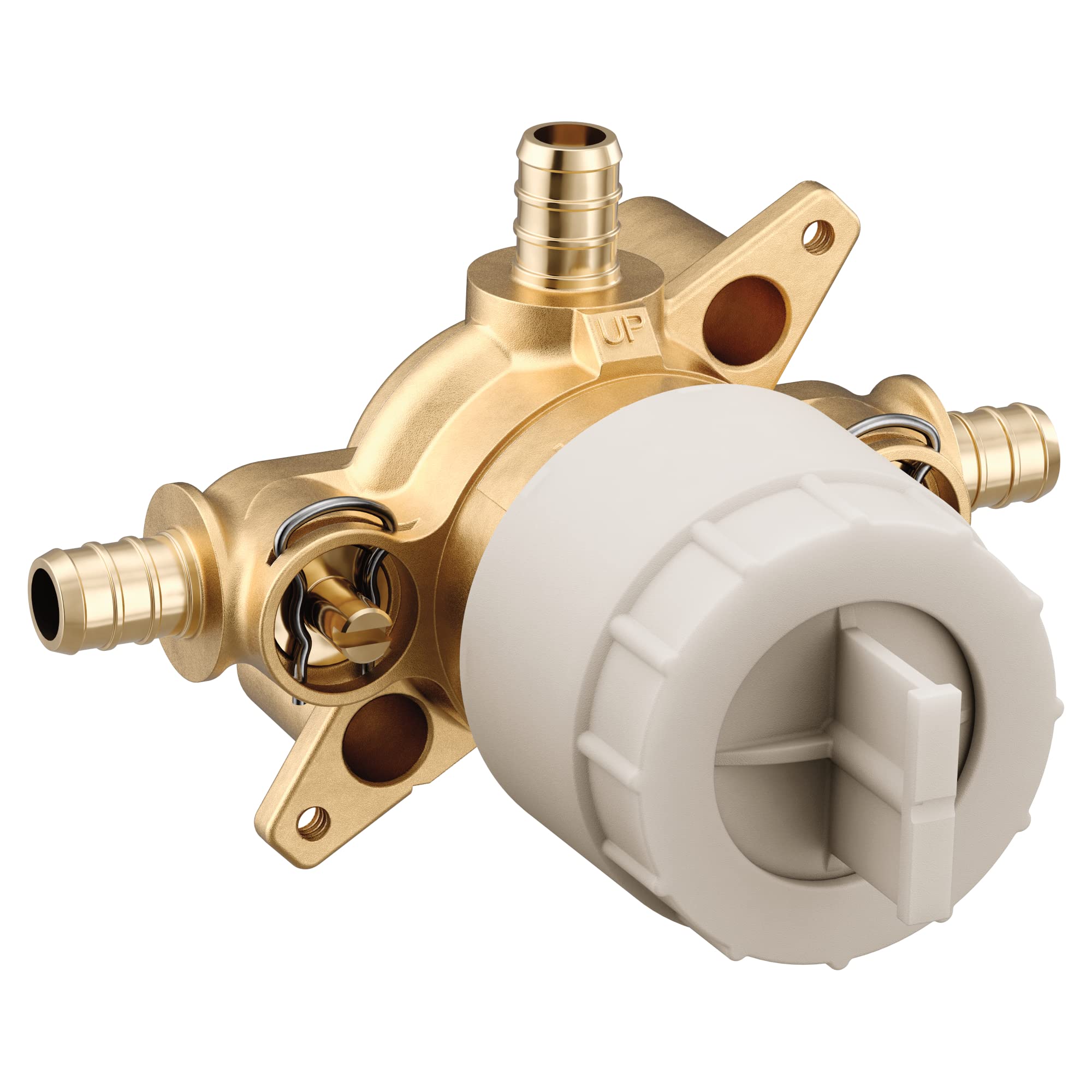 Brass shower mixing valve with three PEX crimp ring ports, white cartridge body, and control handle.