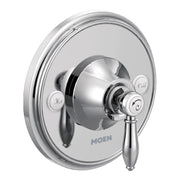 Chrome shower valve trim with single lever handle, round escutcheon plate, and hot/cold indicator buttons.