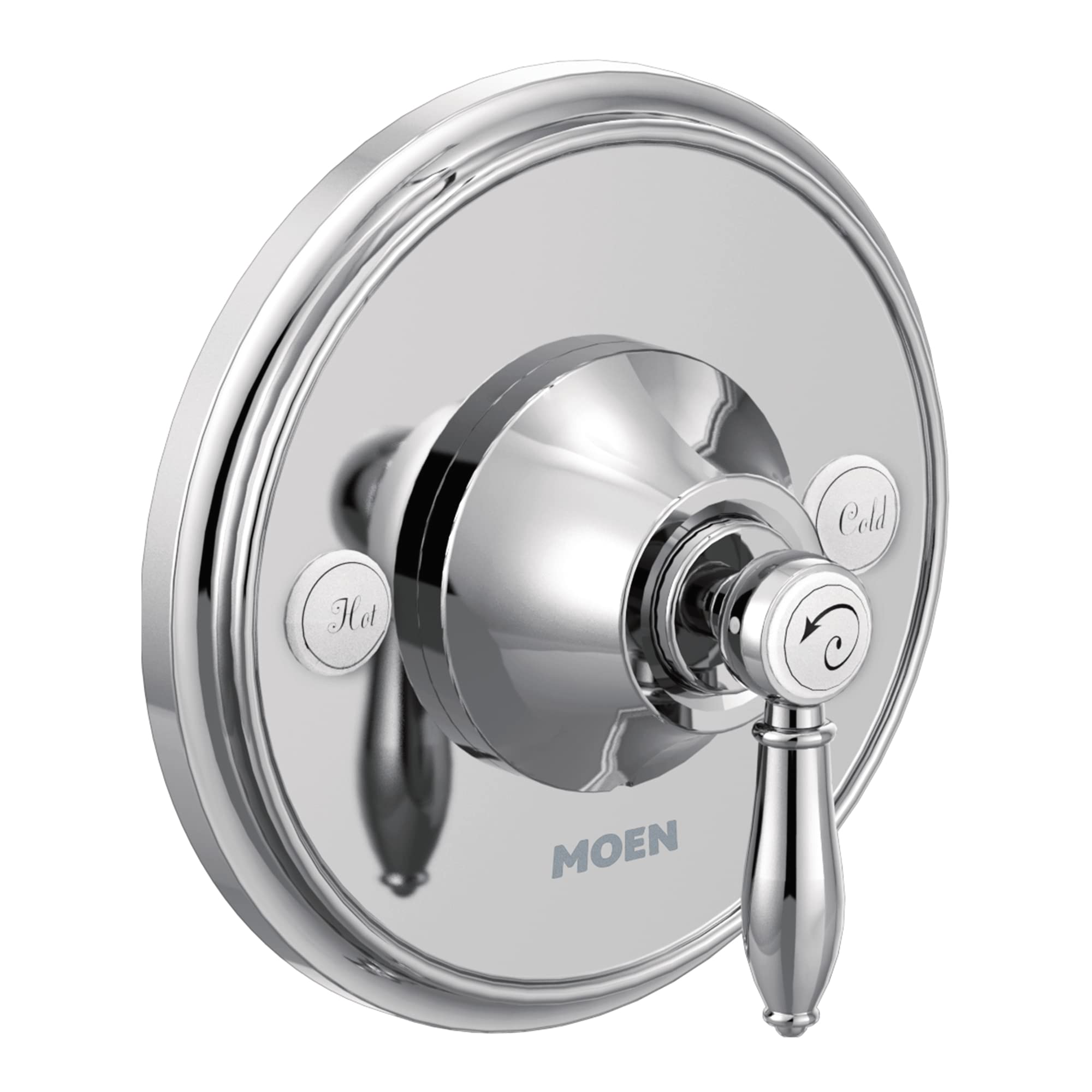 Chrome shower valve trim with single lever handle, round escutcheon plate, and hot/cold indicator buttons.