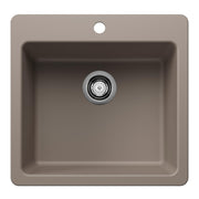 Truffle-colored single bowl kitchen sink with chrome drain and faucet hole, viewed from above.