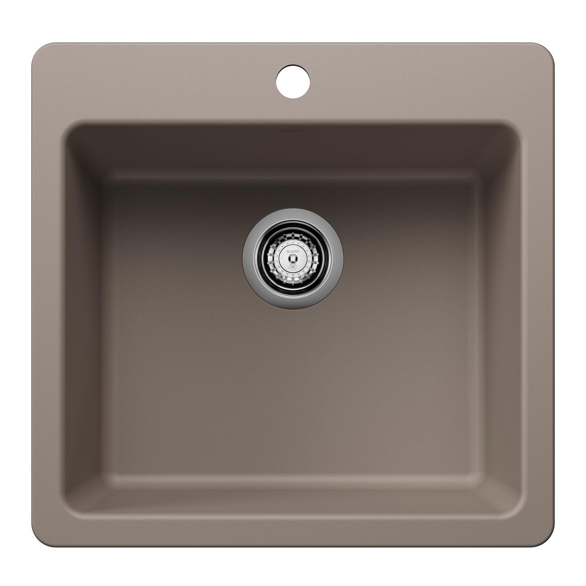 Truffle-colored single bowl kitchen sink with chrome drain and faucet hole, viewed from above.