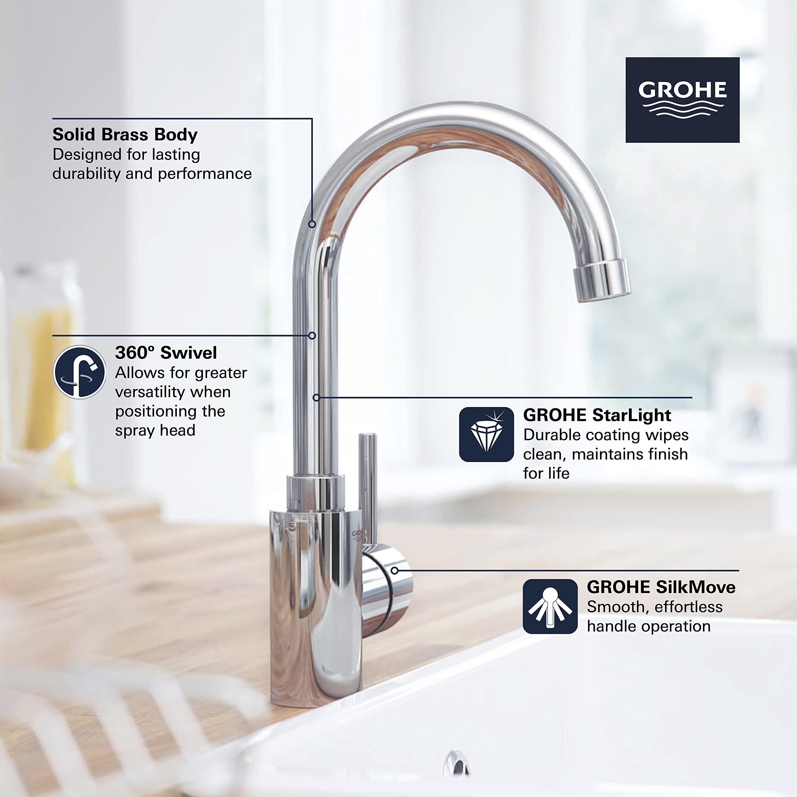 Grohe Cosmo brushed cool sunrise kitchen faucet with arched spout, solid brass body, and swivel spray head.