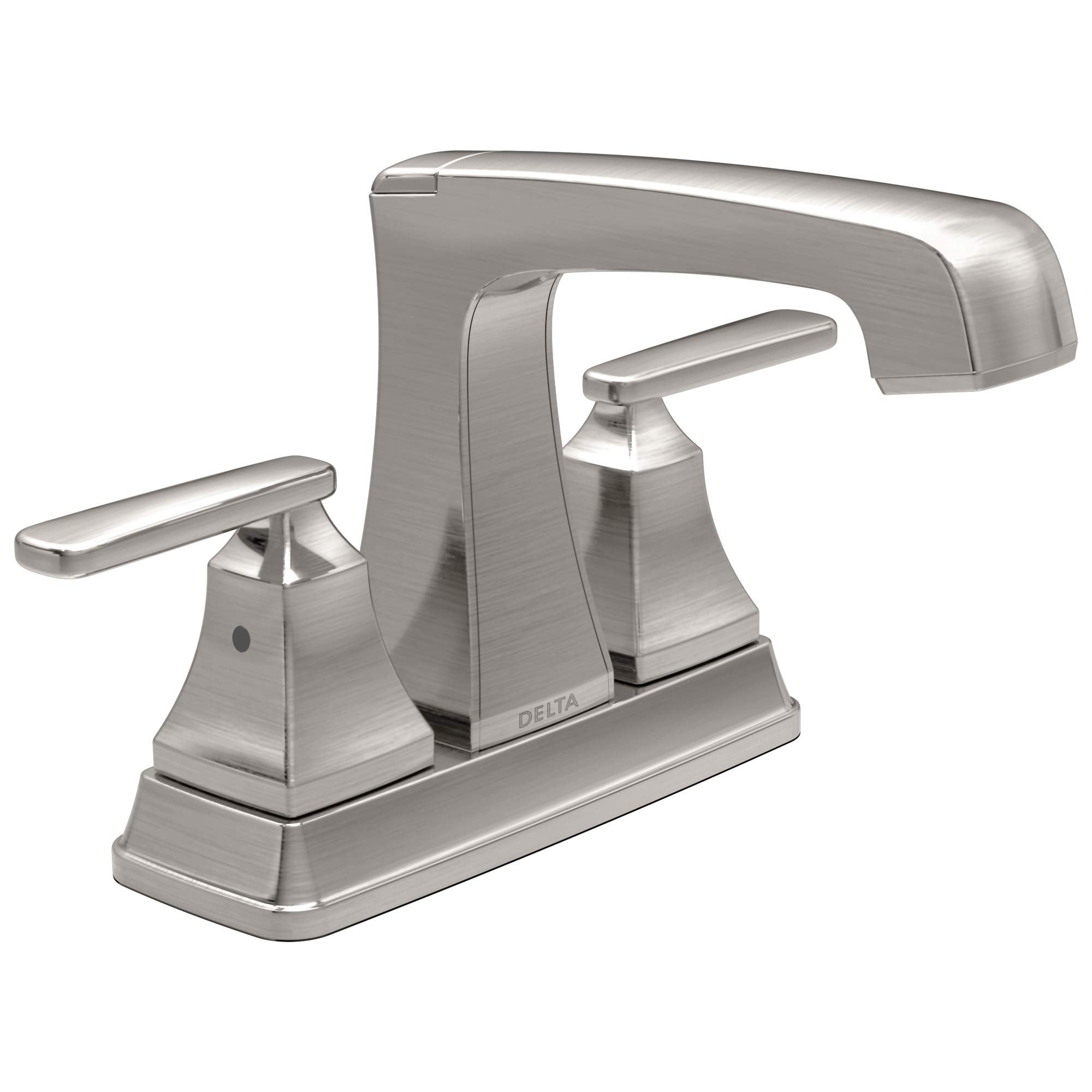 Brushed nickel two-handle centerset bathroom faucet with curved spout and lever handles on square base.