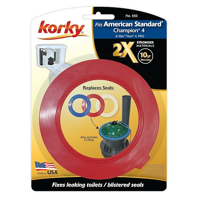 Korky toilet fill valve replacement kit with red tubing, green valve component, and colored seals on packaged card.