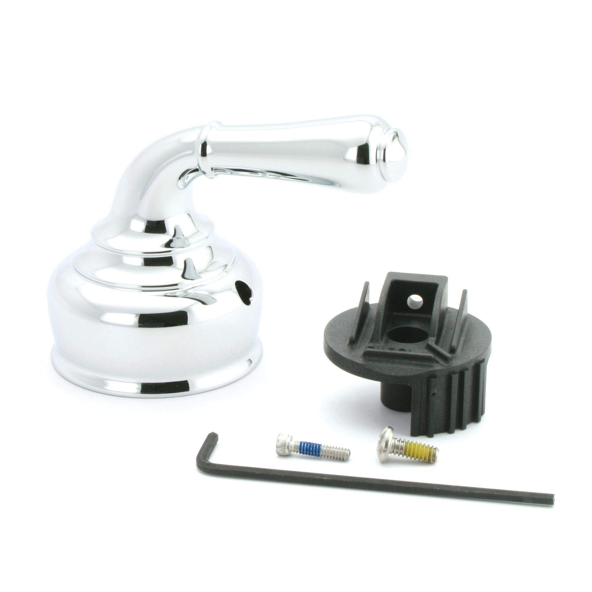 Moen faucet handle hub kit with chrome lever handle, black plastic adapter, screws, and Allen wrench.