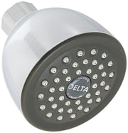 Chrome and dark gray shower head with multiple spray holes and Delta branding, featuring cylindrical connector arm.