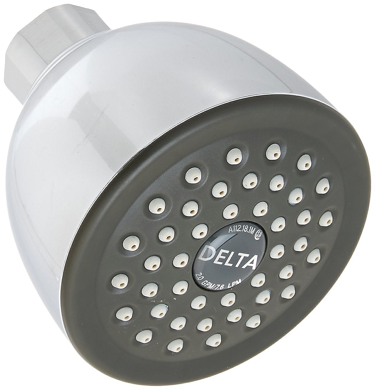 Chrome and dark gray shower head with multiple spray holes and Delta branding, featuring cylindrical connector arm.