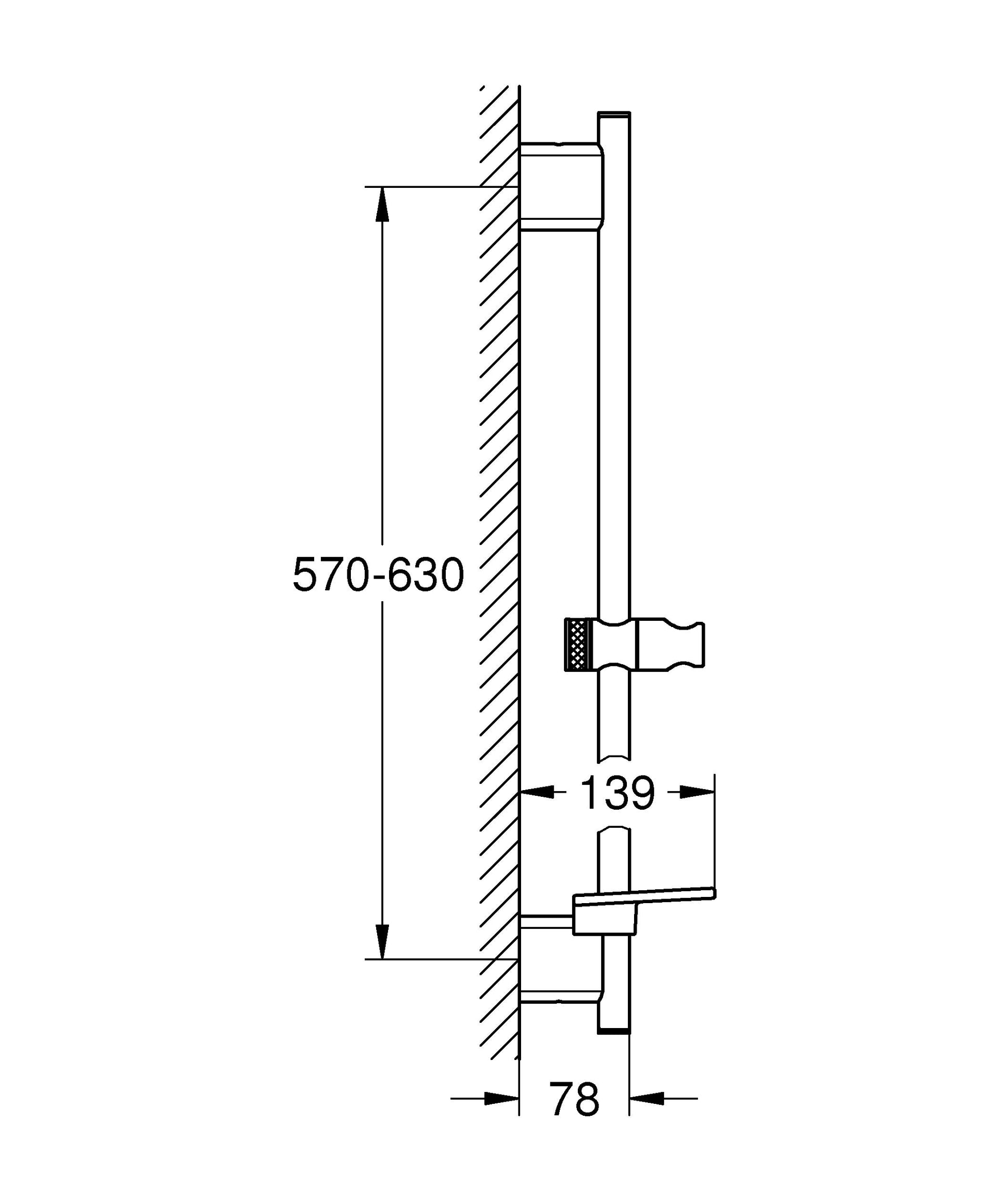 Chrome shower slide bar with vertical rail and handheld showerhead holder, mounted to wall with dimension measurements.