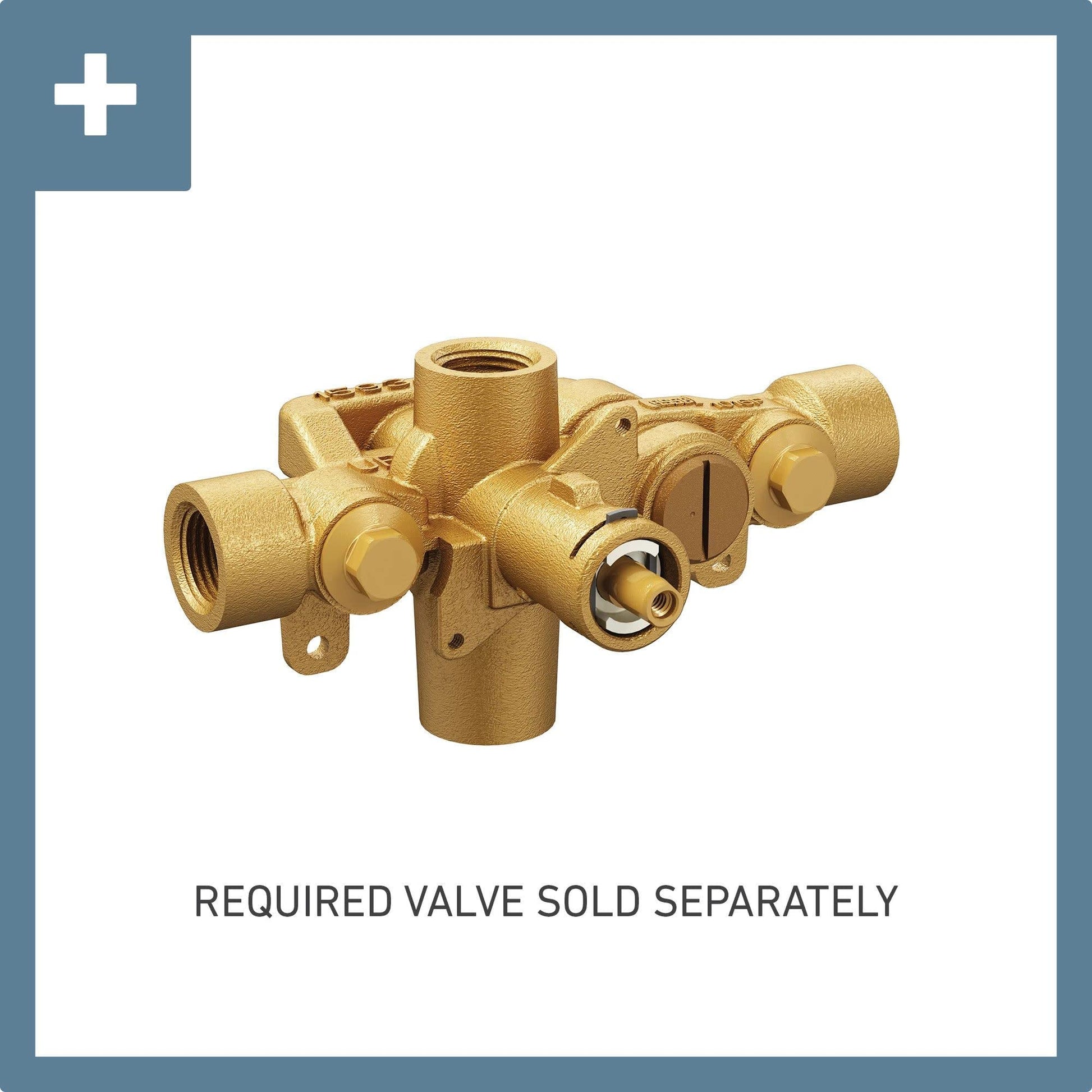 Brass pressure balancing valve trim kit with single handle and volume control ports.