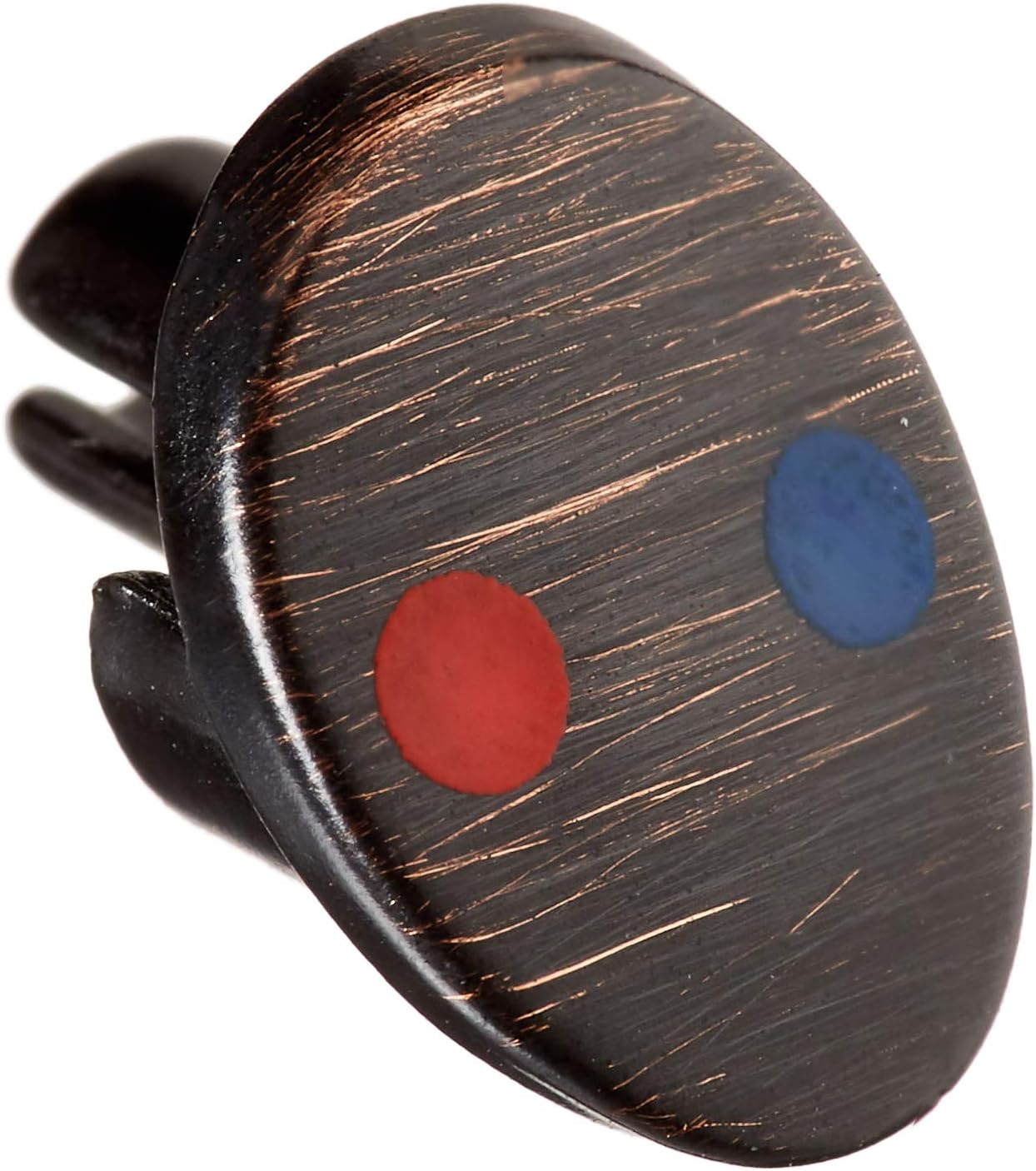 Venetian bronze finished button with red and blue circular indicators on textured oval face.