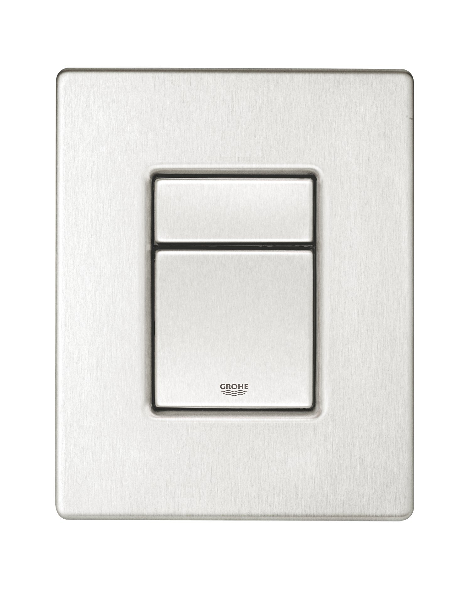 Brushed stainless steel wall plate with dual rectangular button controls and Grohe branding.