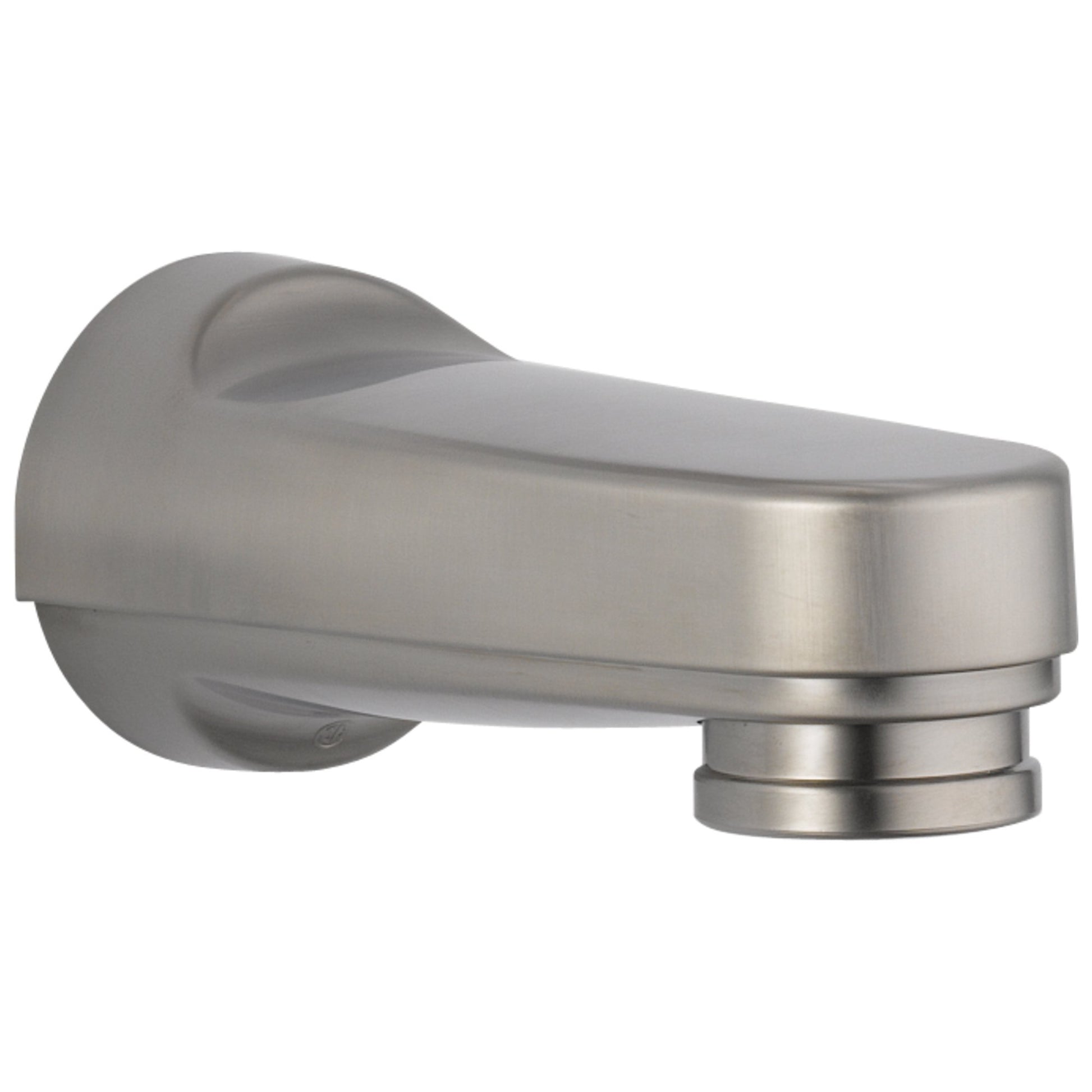 Stainless steel tub spout with pull-down diverter and wall-mounted circular flange.