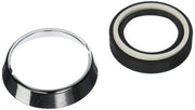 Chrome trim ring with black rubber base and white gasket seal, shown from two angles.