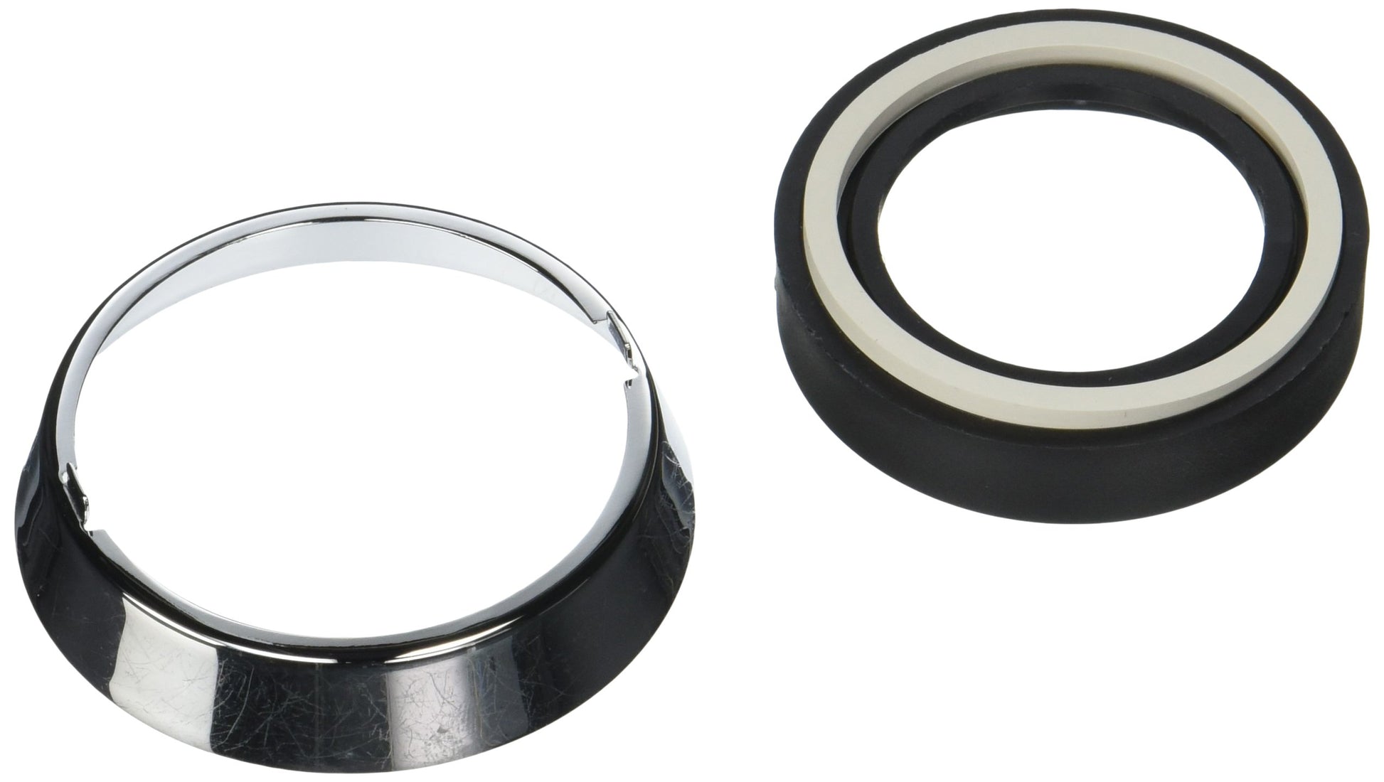 Chrome trim ring with black rubber base and white gasket seal, shown from two angles.