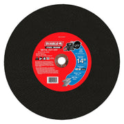 Black steel cutting disc with red center label showing Diablo Steel Demon branding and specifications for metal cutting.
