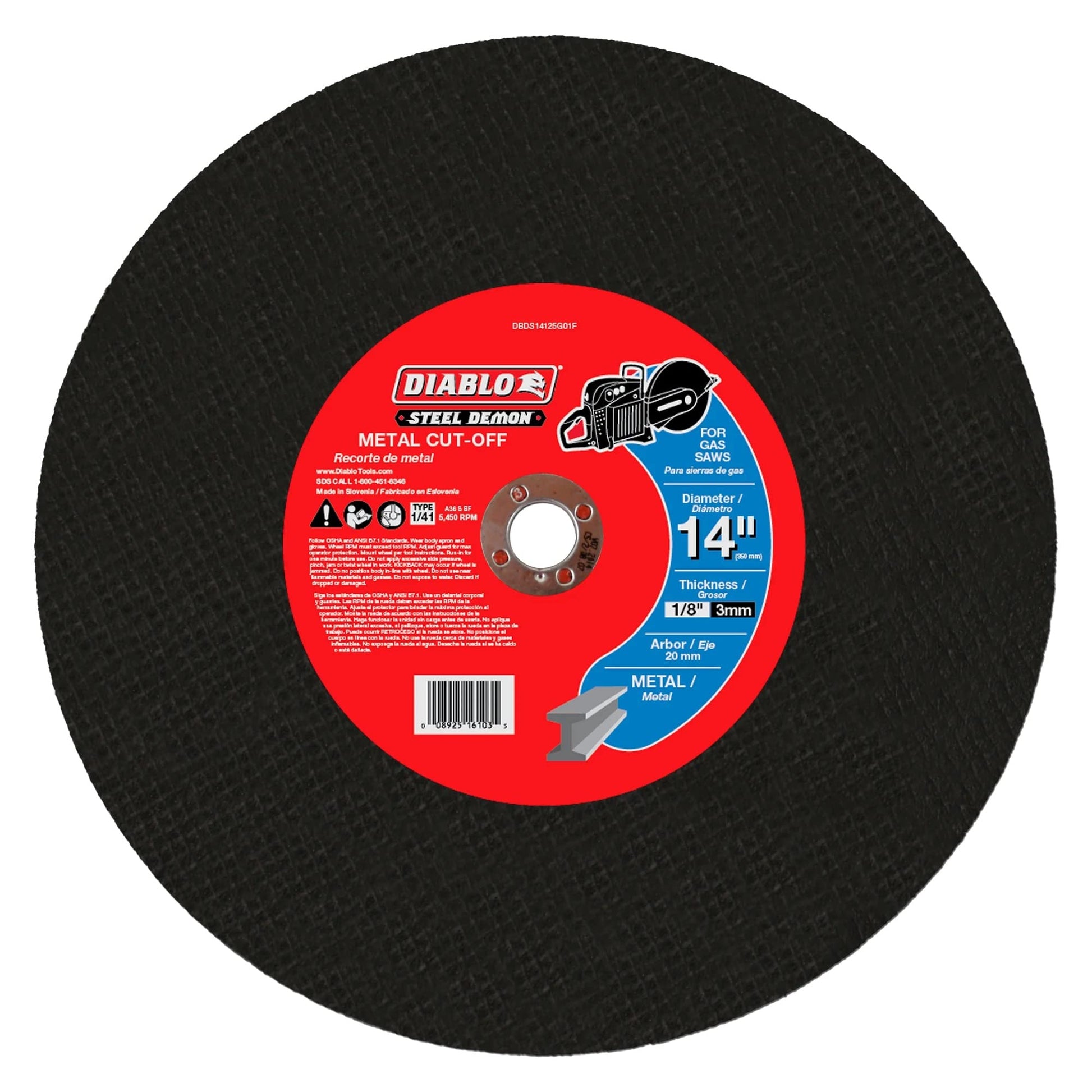 Black steel cutting disc with red center label showing Diablo Steel Demon branding and specifications for metal cutting.