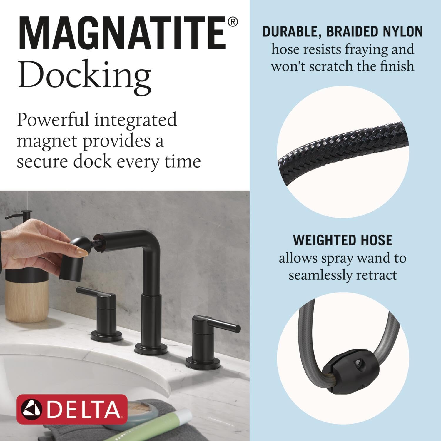 Matte black two-handle widespread bathroom faucet with pull-down spray wand and braided nylon hose.