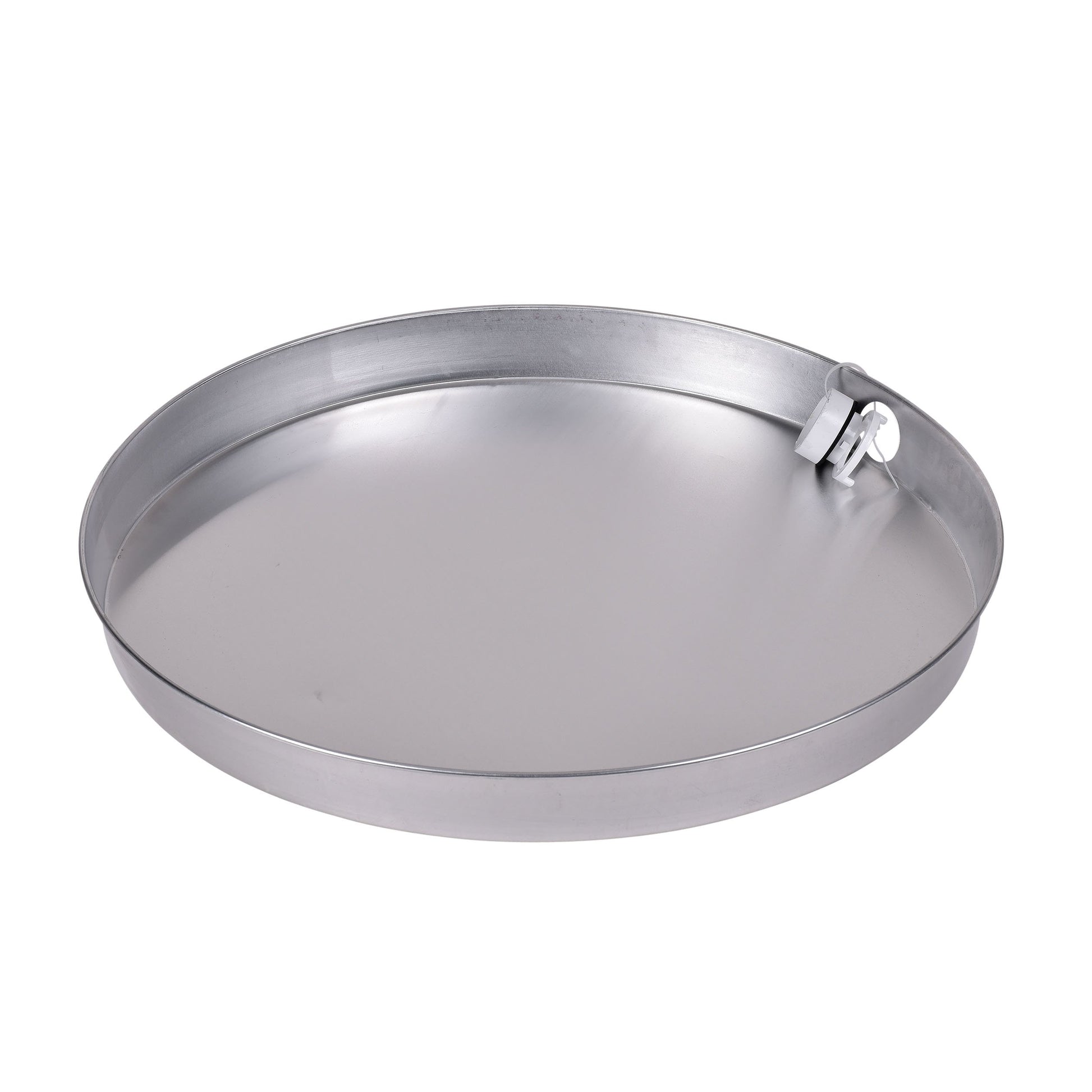 White and aluminum circular drain pan with reinforced rim and drain outlet valve on side.