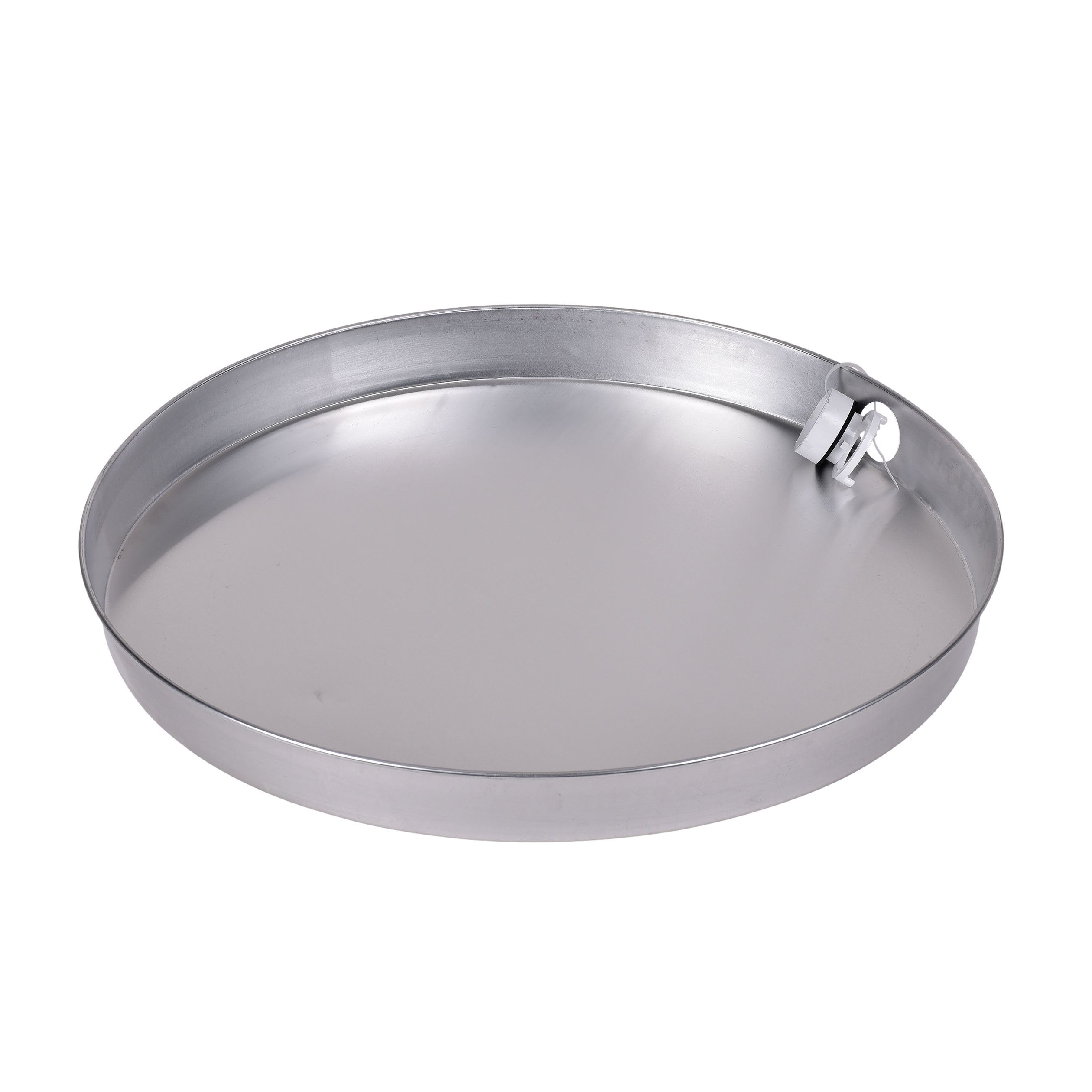 White and aluminum circular drain pan with reinforced rim and drain outlet valve on side.