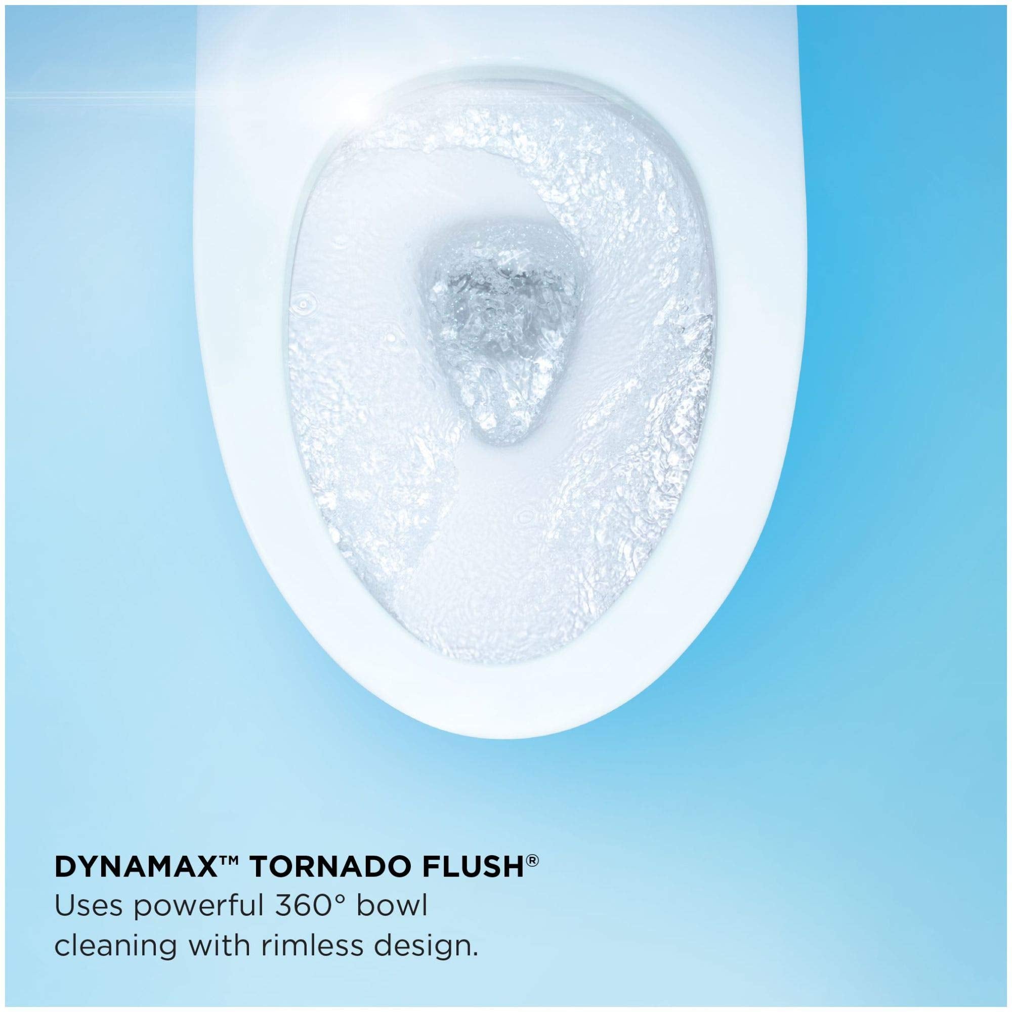 White elongated toilet bowl with water spray pattern visible inside, viewed from above against blue background.