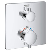 Grohe Grohtherm chrome thermostatic valve trim with two circular handles and temperature display showing 100°F and 38°C.