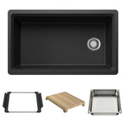 Anthracite single-basin kitchen sink with chrome drain and rounded corners, shown with mounting frame, wooden cutting board, 