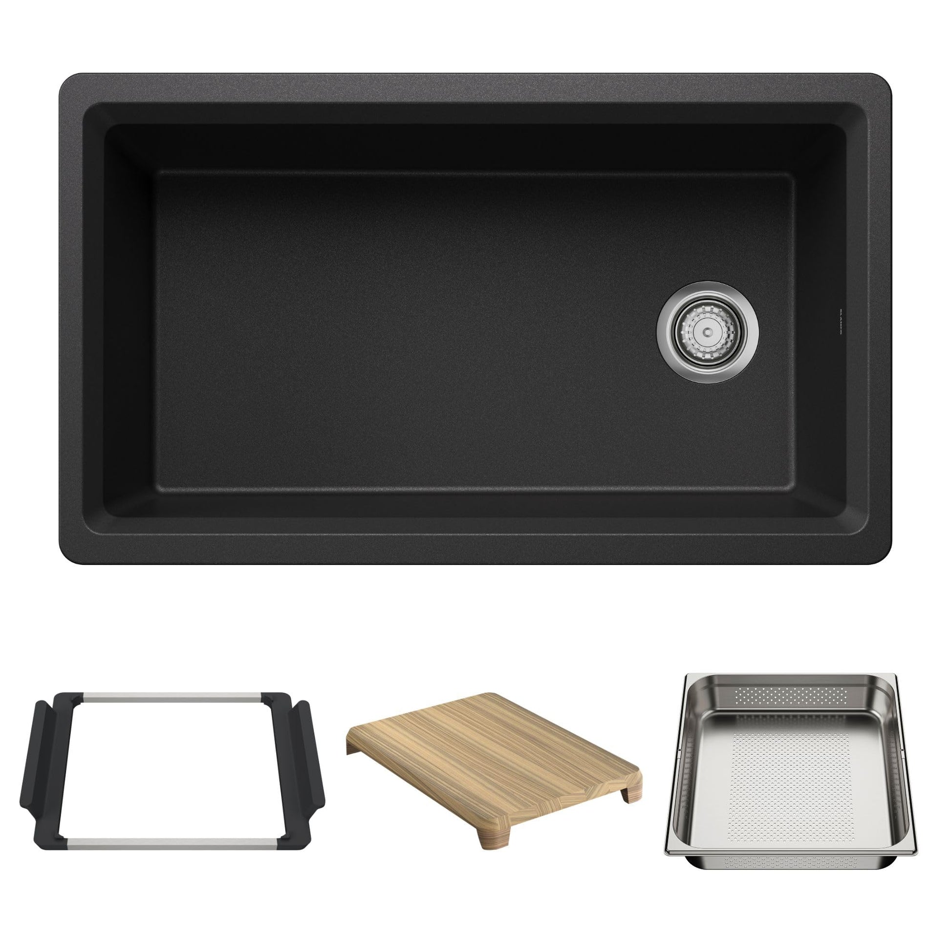 Anthracite single-basin kitchen sink with chrome drain and rounded corners, shown with mounting frame, wooden cutting board, 